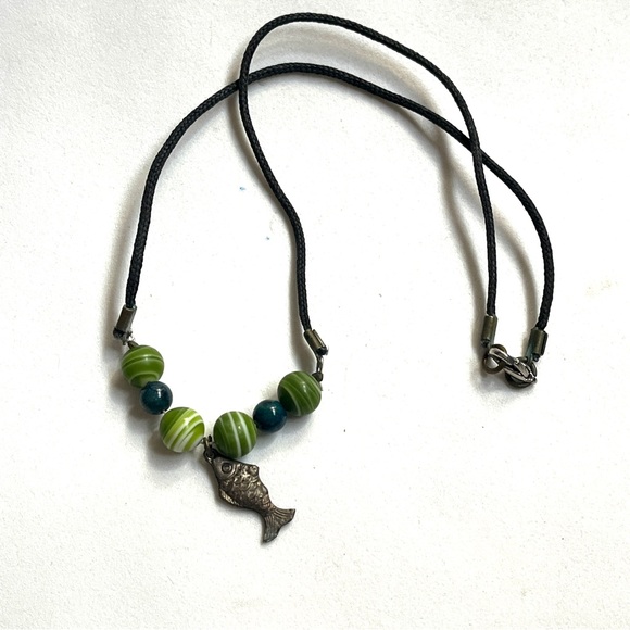 Silver Fish, Striated Green & Teal Beads- Necklace with lobster clasp. EUC - Picture 2 of 9